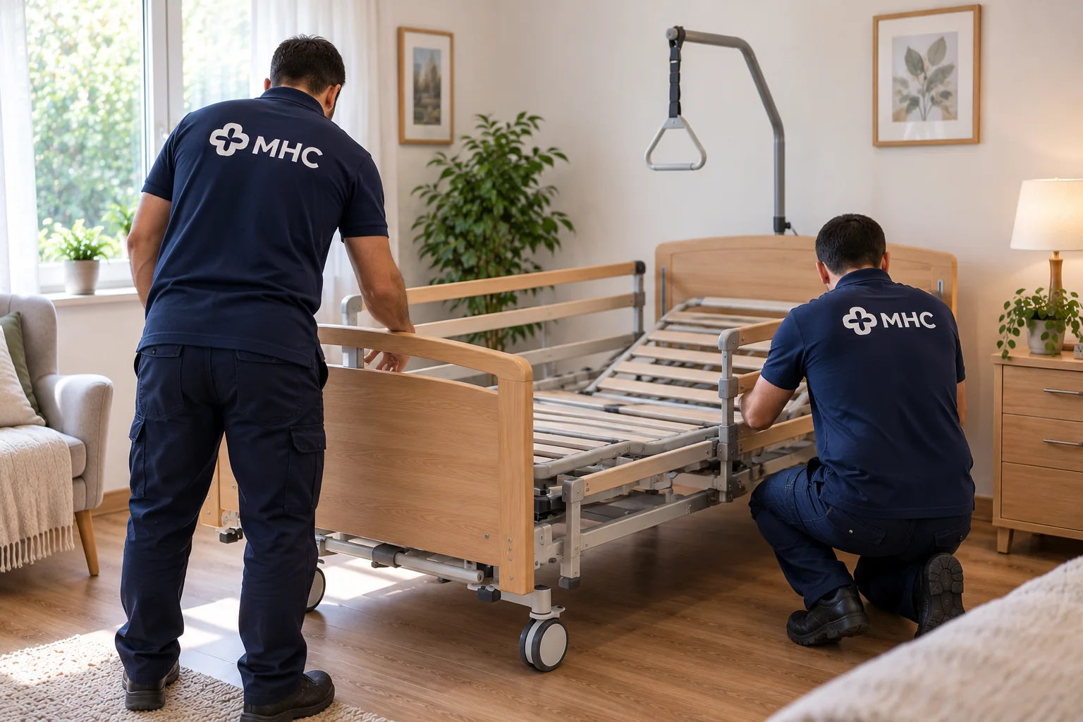 Techniciens MHC installant un lit médicalisé à domicile