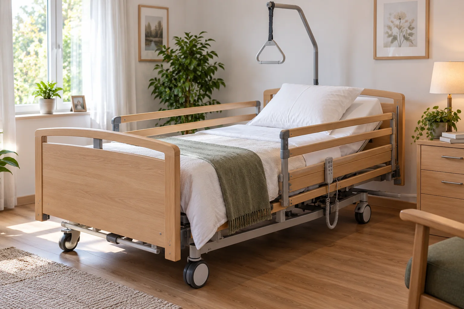 Lit médicalisé installé dans une chambre à domicile