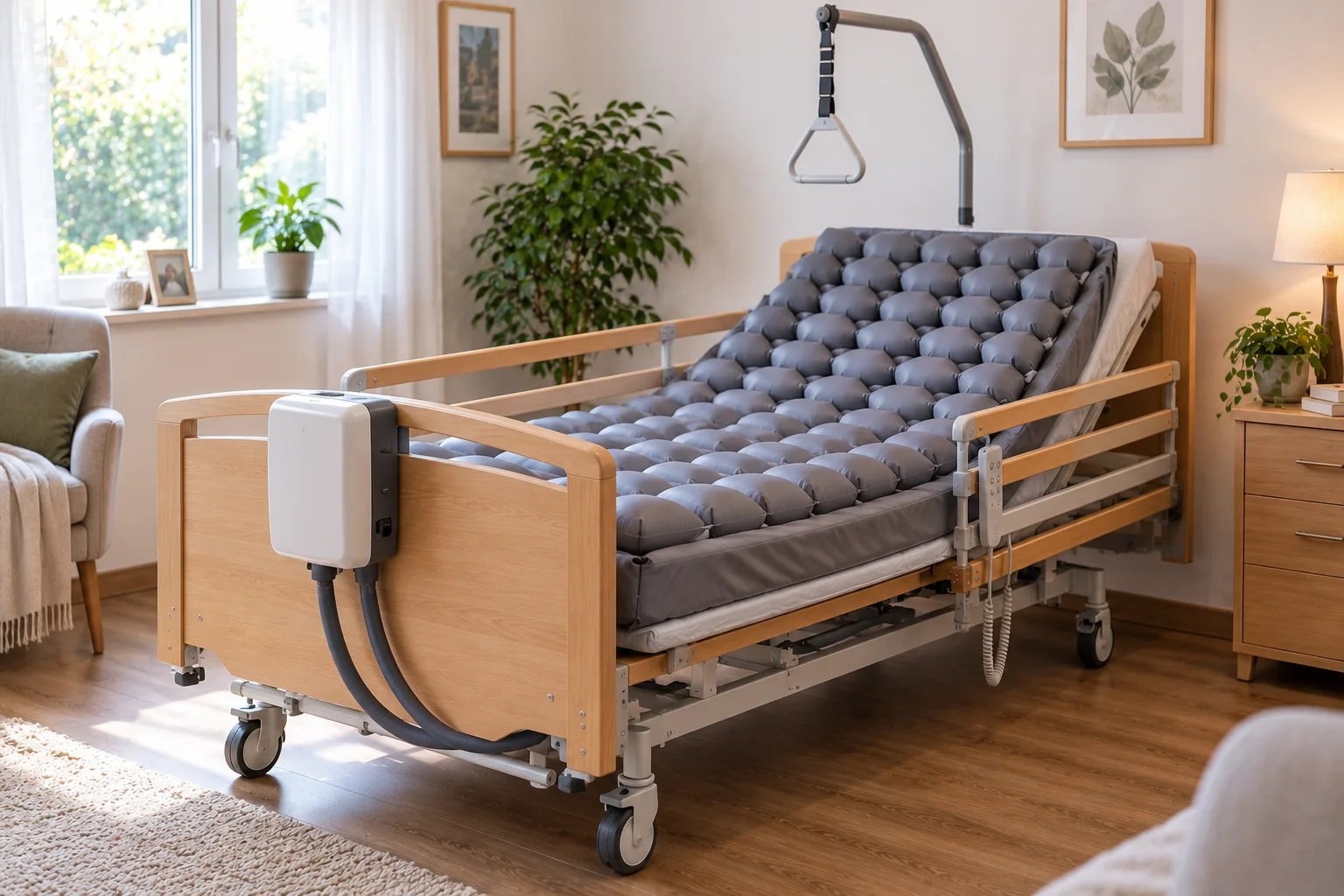 Lit médicalisé équipé d'un matelas anti-escarres à air
