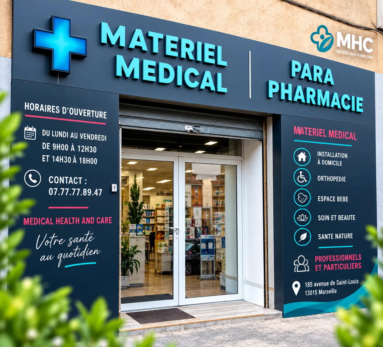 Devanture du magasin MHC Medical Health and Care, 185 avenue de Saint Louis, Marseille