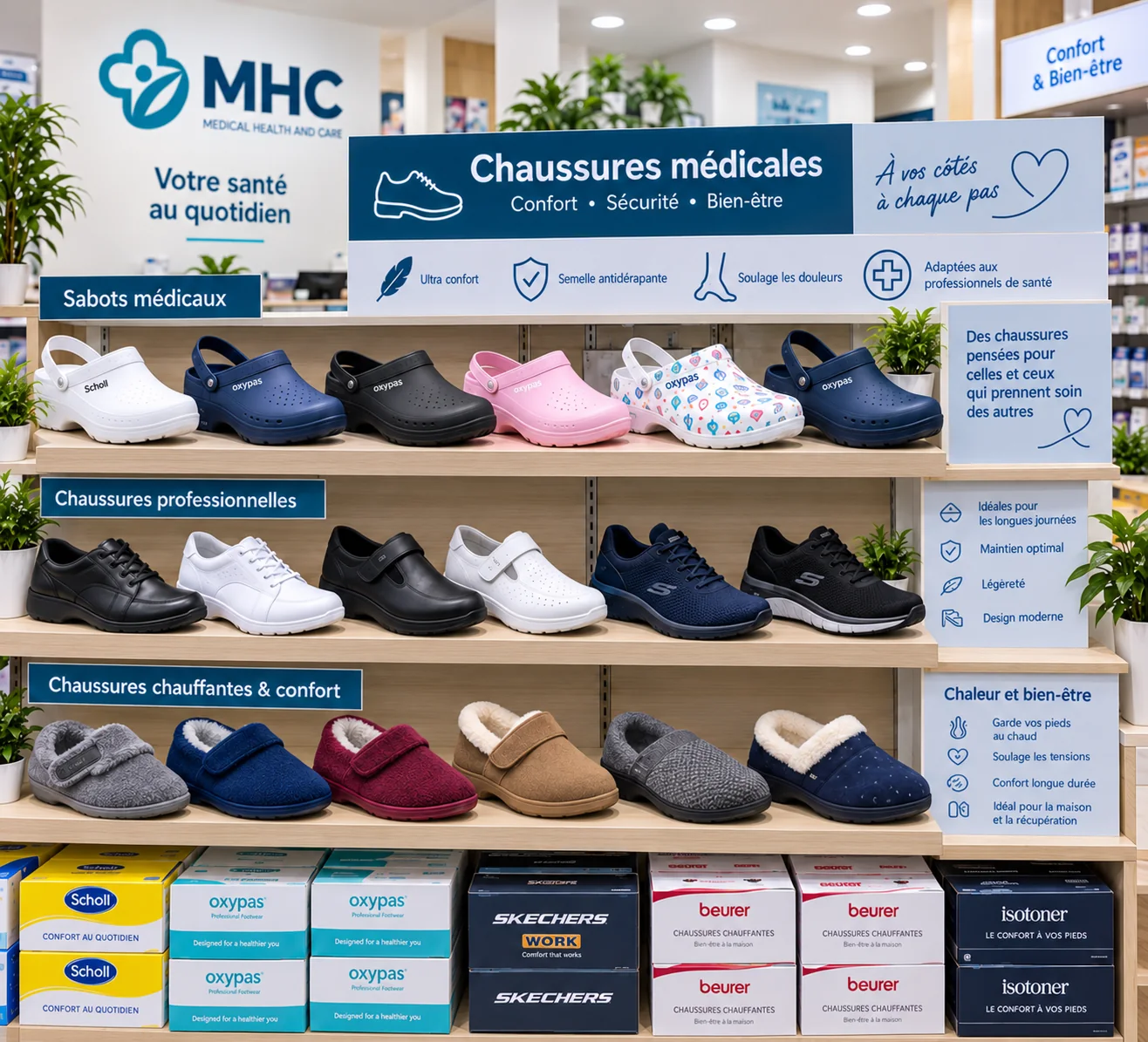 Sabots et chaussures médicales présentés en magasin