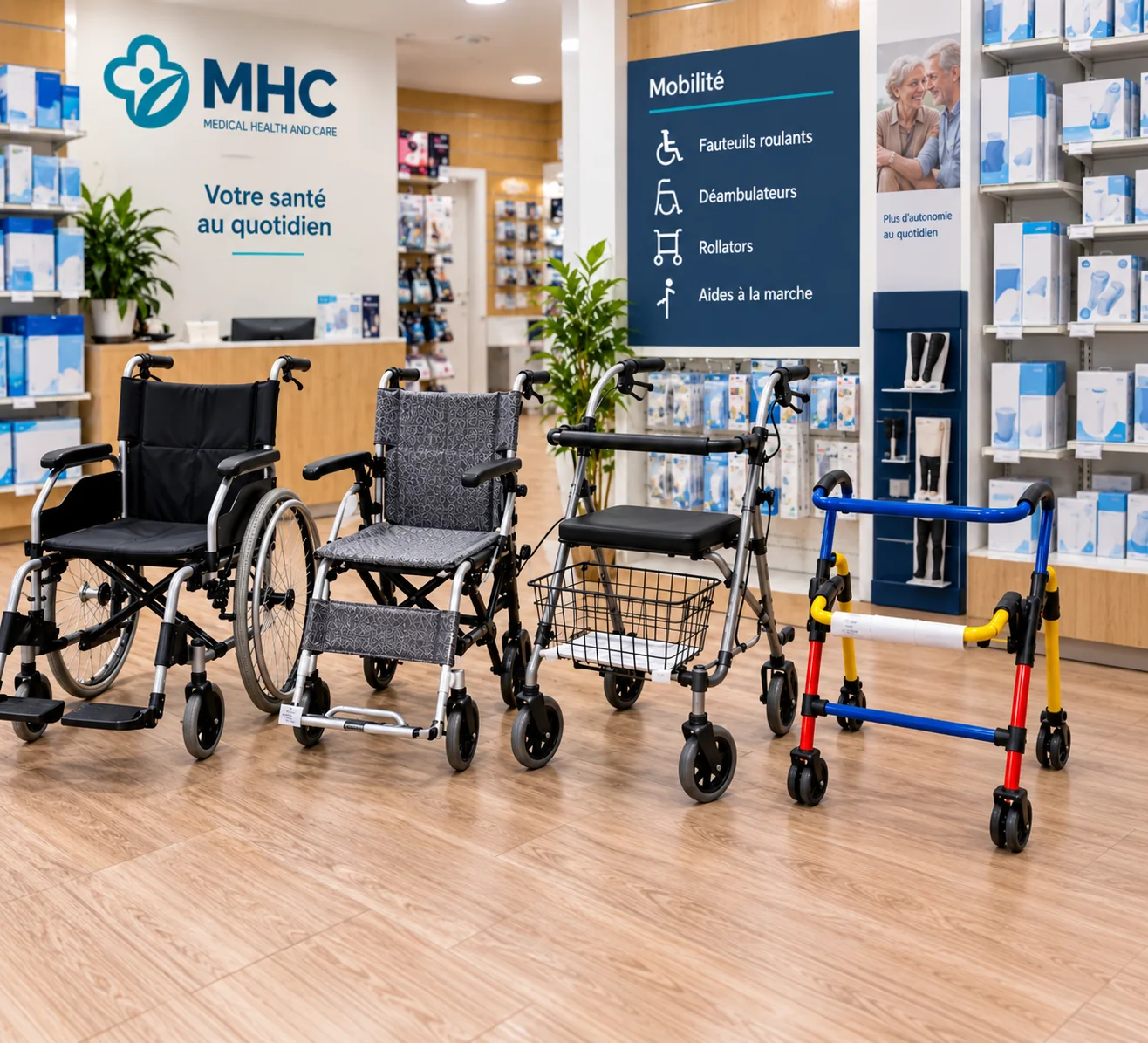 Fauteuils roulants et déambulateurs dans le rayon mobilité du magasin MHC