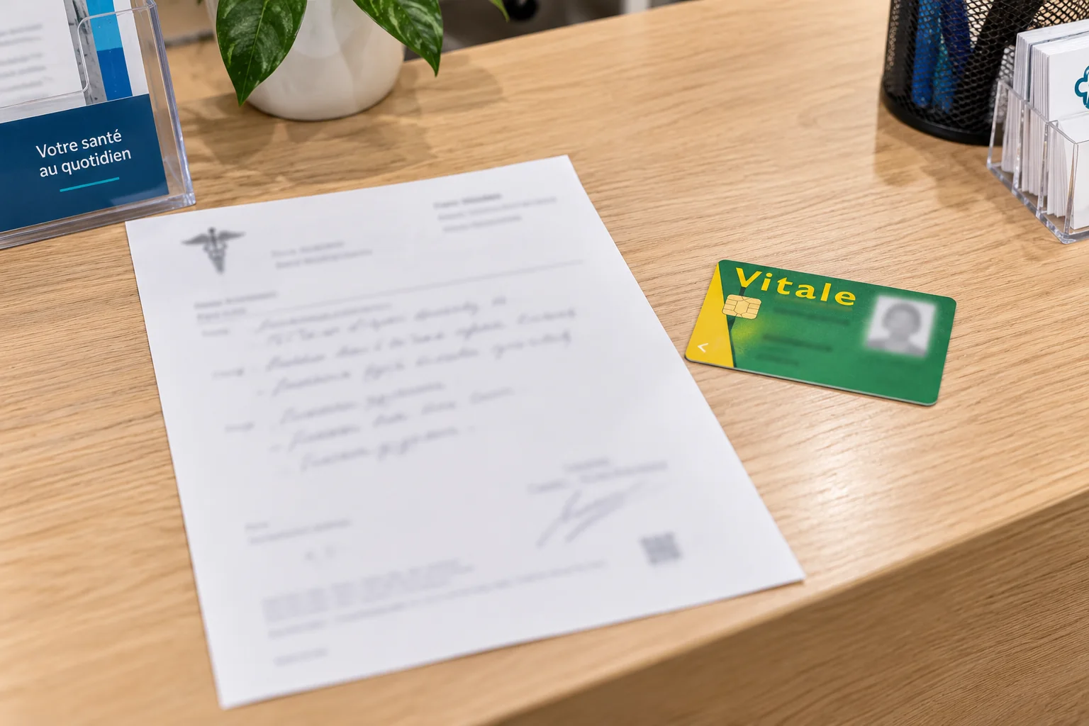 Ordonnance et carte Vitale posées sur le comptoir du magasin