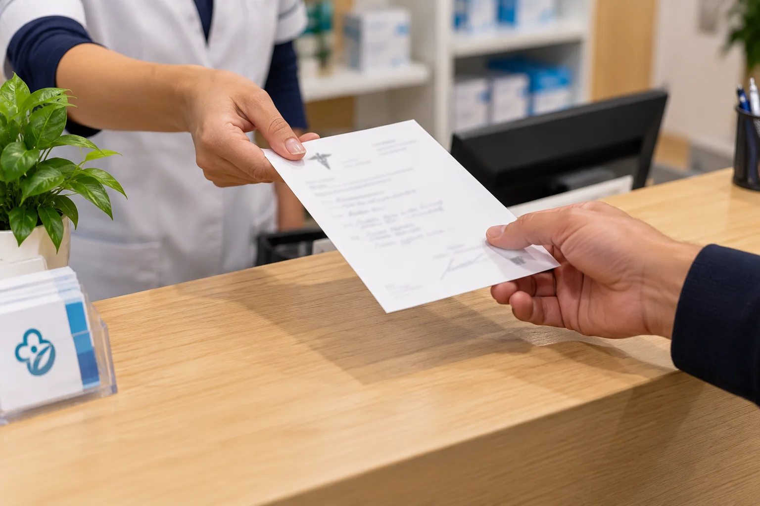 Remise d'une ordonnance au comptoir d'accueil MHC