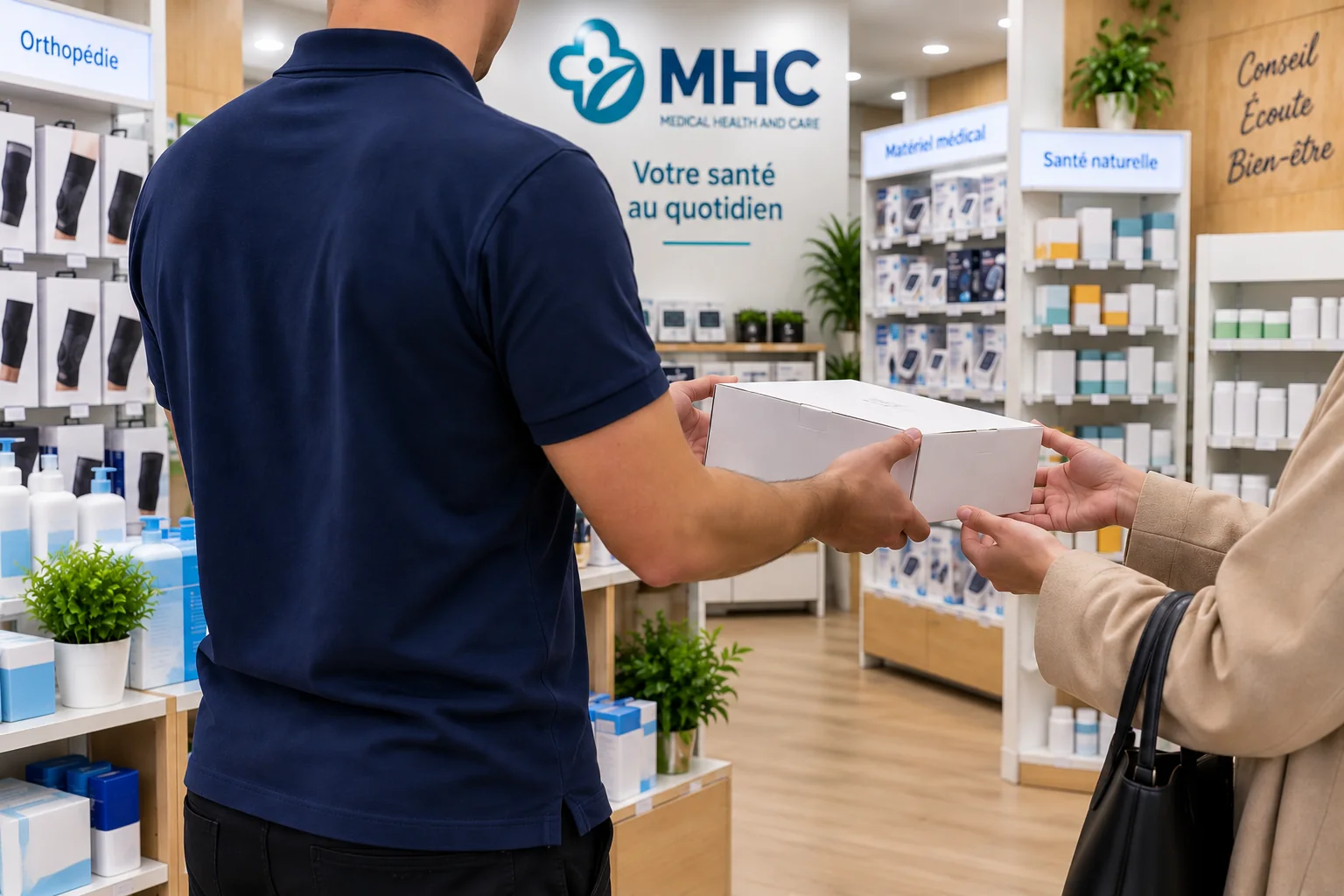 Remise du matériel médical à un client en magasin