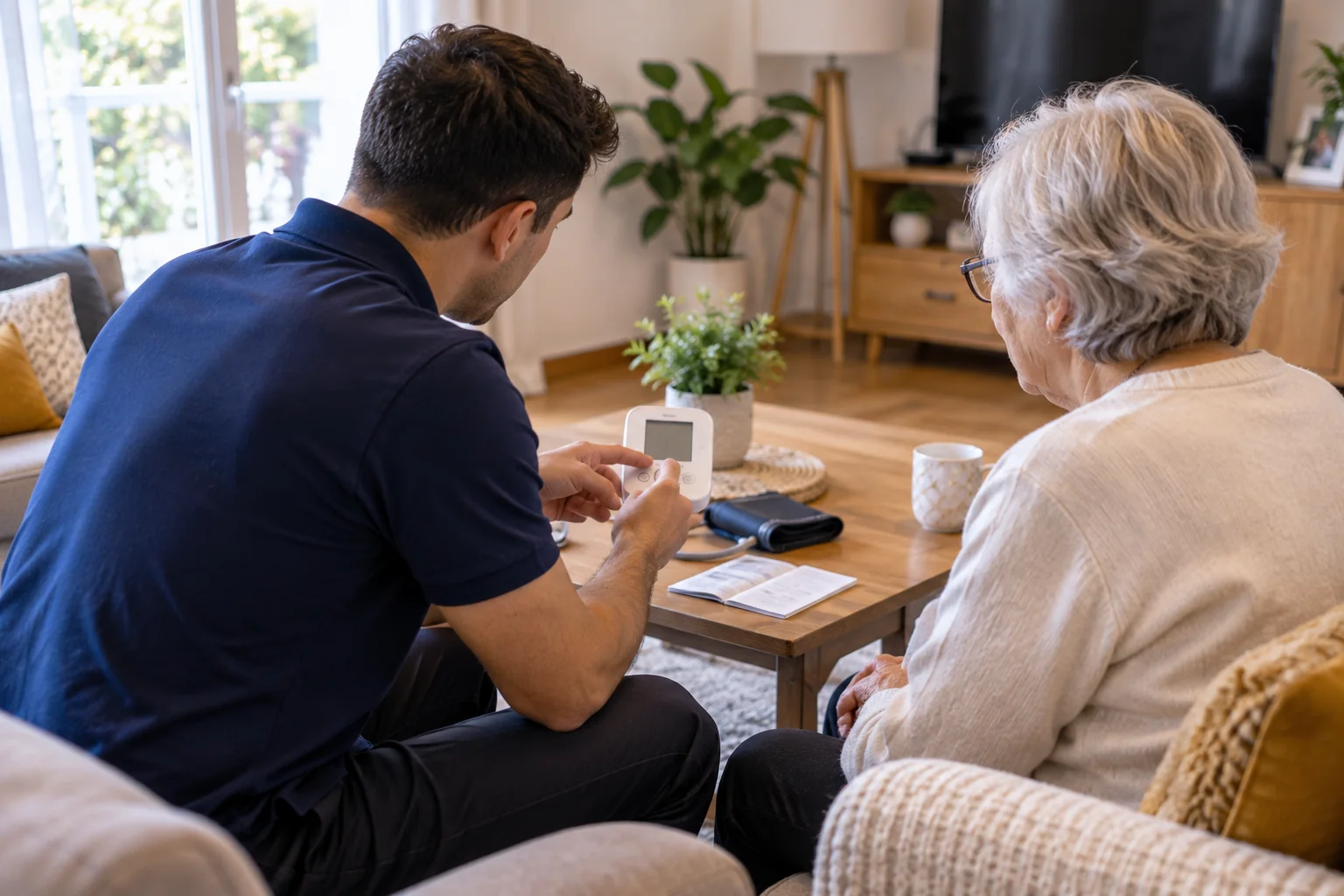 Conseiller MHC expliquant l'usage d'un matériel médical à domicile